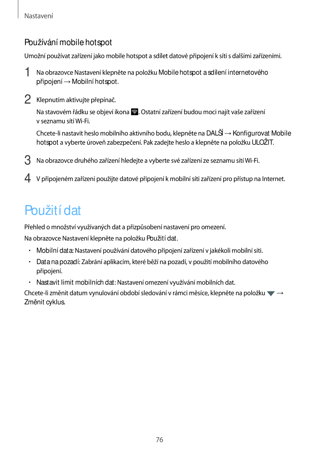 Samsung SM-T585NZAEXEZ, SM-T585NZKEXEZ manual Použití dat, Používání mobile hotspot 