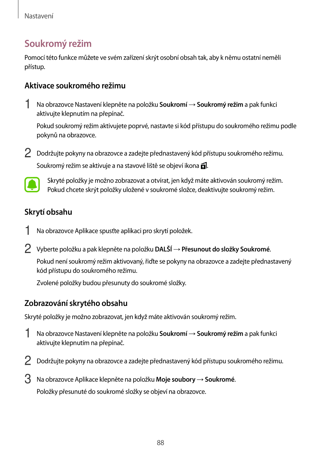 Samsung SM-T585NZAEXEZ manual Soukromý režim, Aktivace soukromého režimu, Skrytí obsahu, Zobrazování skrytého obsahu 