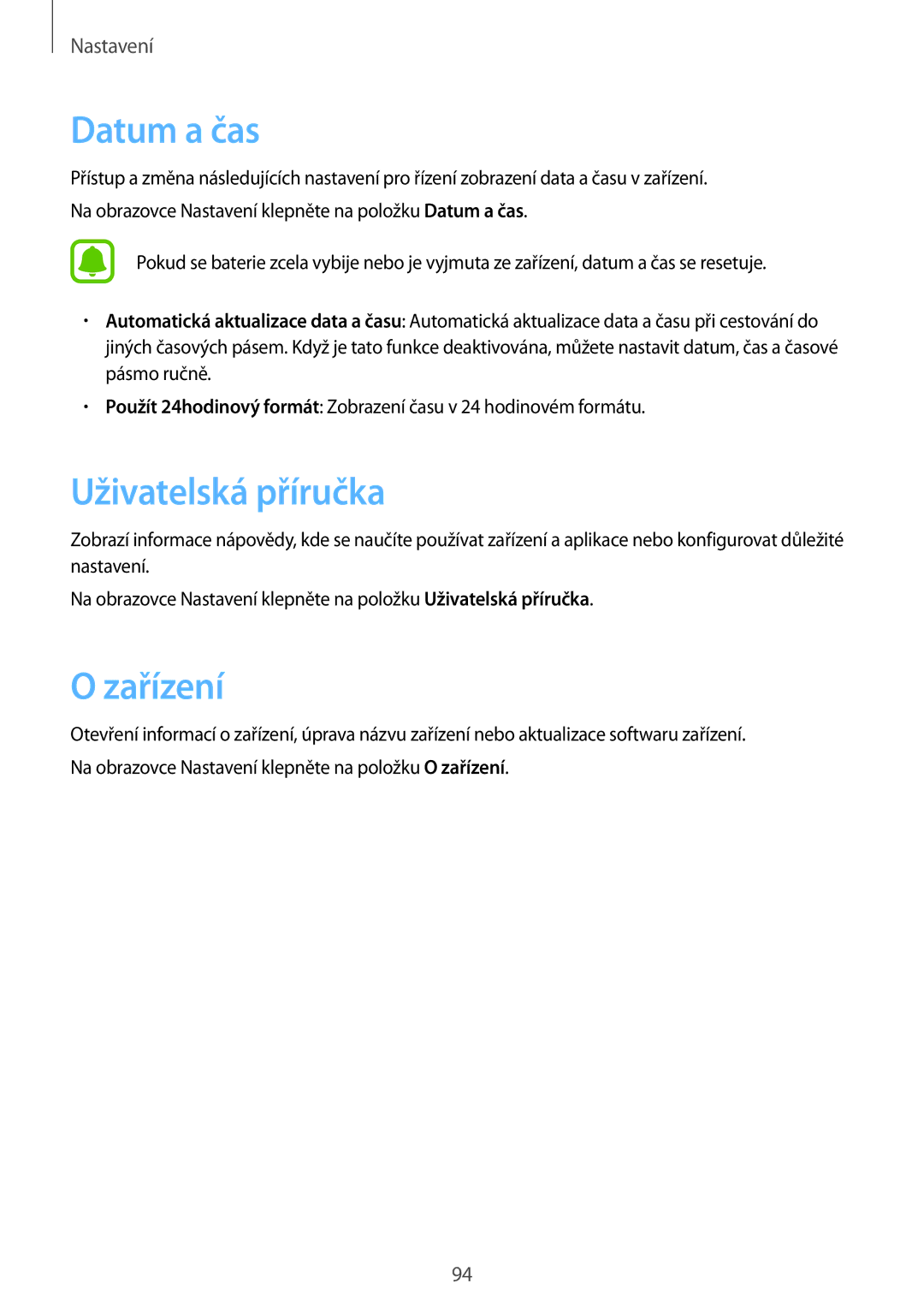 Samsung SM-T585NZAEXEZ, SM-T585NZKEXEZ manual Datum a čas, Uživatelská příručka, Zařízení 