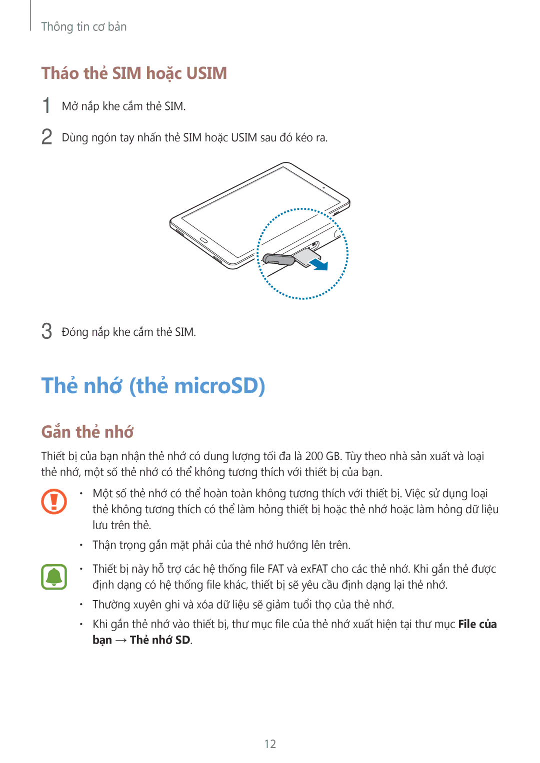 Samsung SM-T585NZBAXXV, SM-T585NZKAXXV, SM-T585NZWAXXV manual Thẻ nhớ thẻ microSD, Tháo thẻ SIM hoặc Usim, Gắn thẻ nhớ 