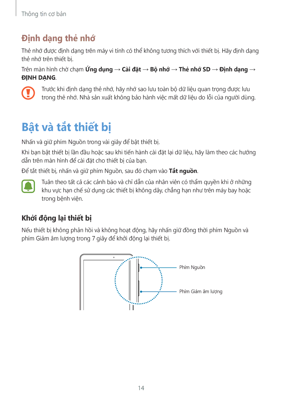 Samsung SM-T585NZWAXXV, SM-T585NZBAXXV, SM-T585NZKAXXV manual Bật và tắt thiết bị, Định dạng thẻ nhớ, Khởi động lại thiết bị 