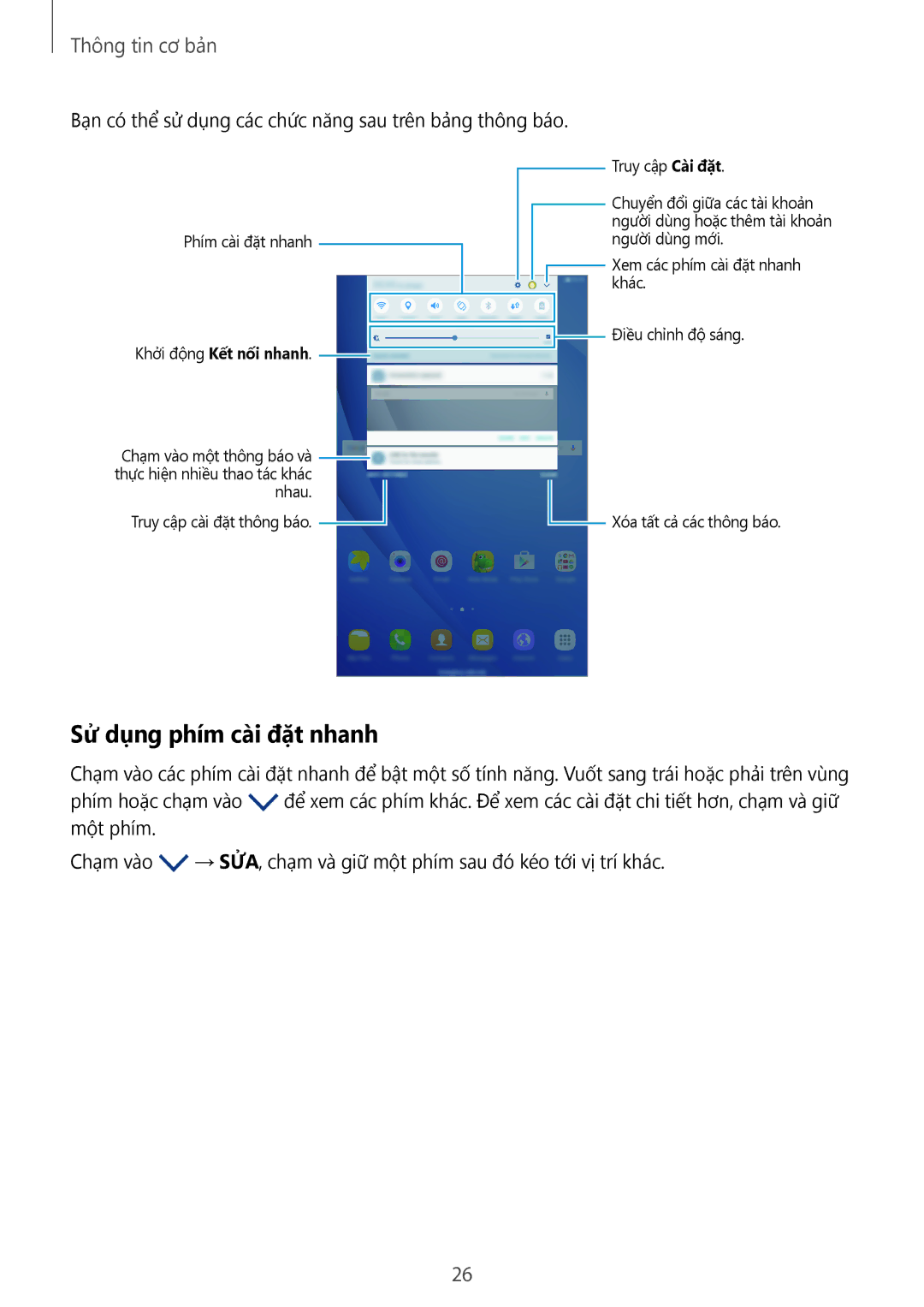 Samsung SM-T585NZWAXXV manual Sử dụng phím cài đặt nhanh, Bạn có thể sử dụng các chức năng sau trên bảng thông báo 