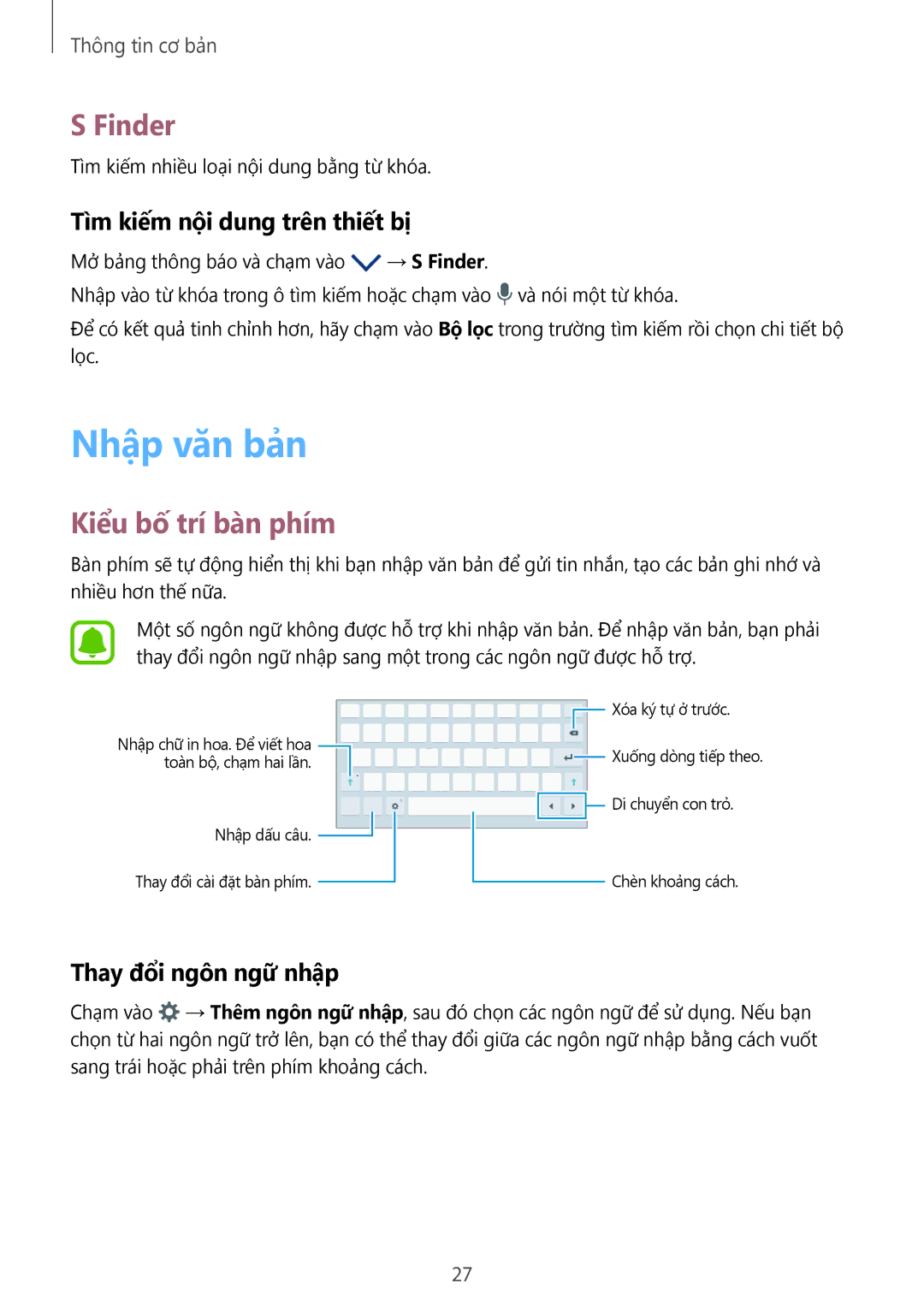 Samsung SM-T585NZBAXXV Nhập văn bản, Finder, Kiểu bố trí bàn phím, Tìm kiếm nội dung trên thiết bị, Thay đổi ngôn ngữ nhập 