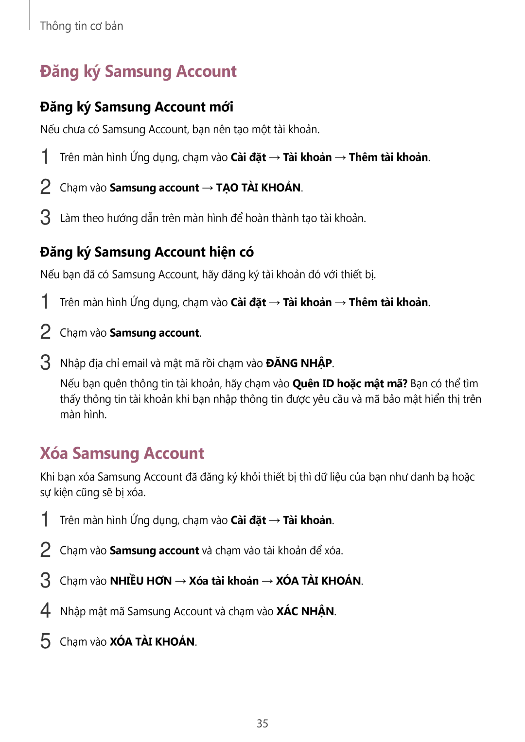 Samsung SM-T585NZWAXXV manual Xóa Samsung Account, Đăng ký Samsung Account mới, Đăng ký Samsung Account hiện có 