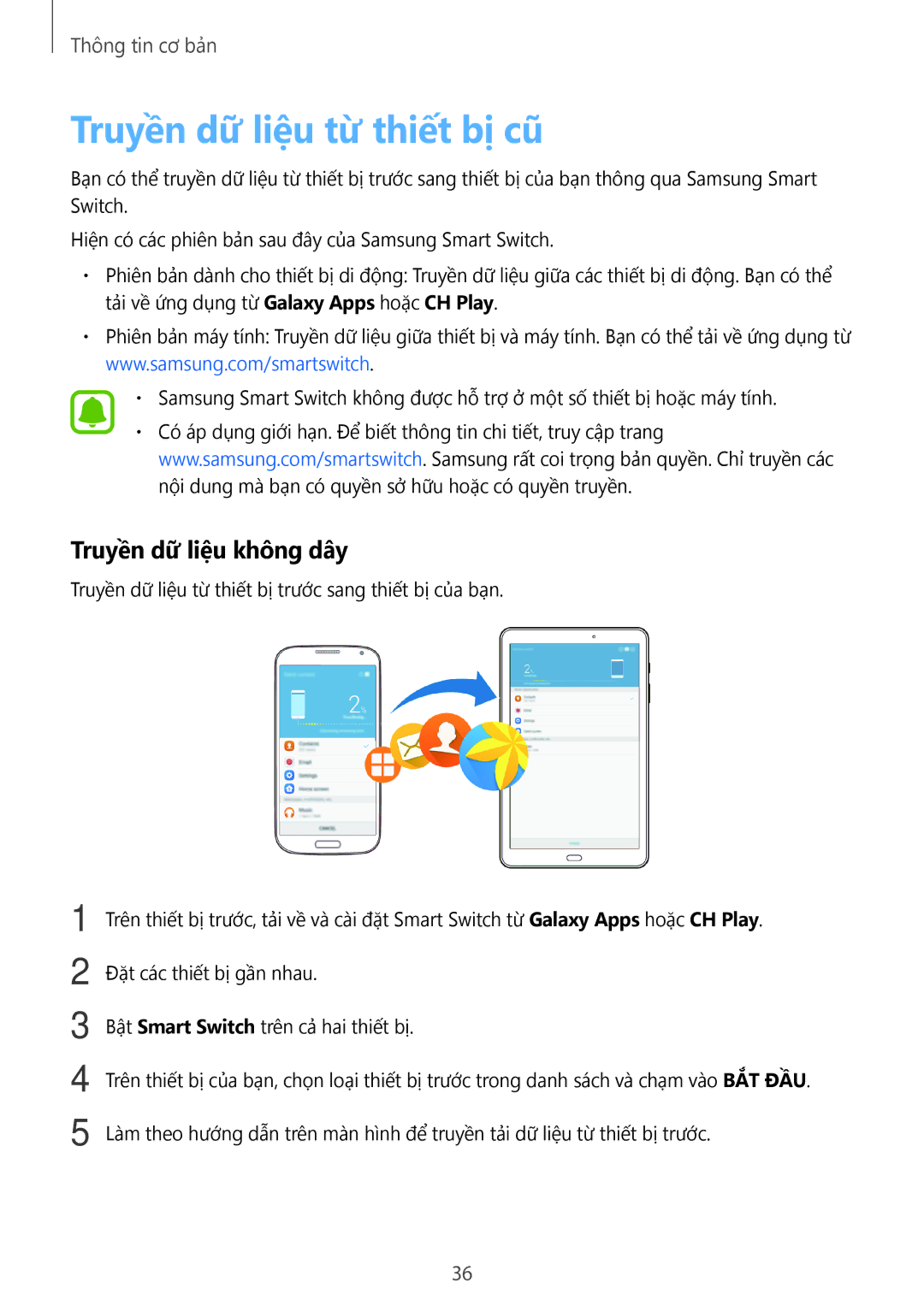 Samsung SM-T585NZBAXXV, SM-T585NZKAXXV, SM-T585NZWAXXV manual Truyền dữ liệu từ thiết bị cũ, Truyền dữ liệu không dây 