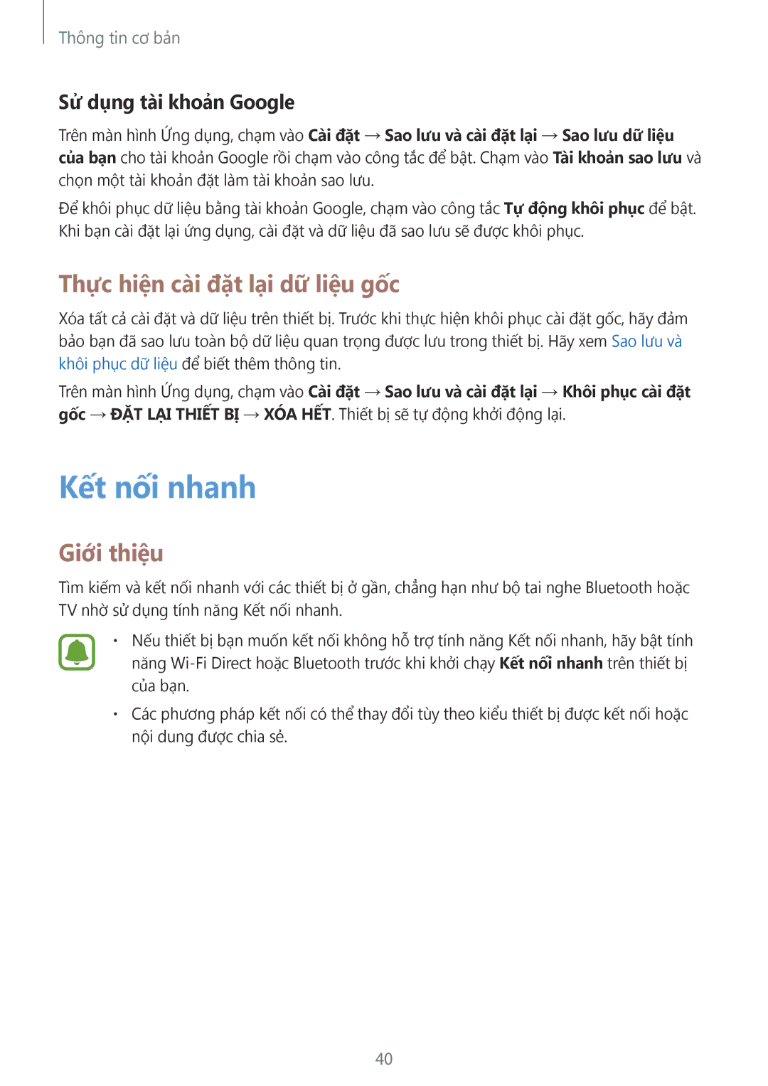 Samsung SM-T585NZKAXXV, SM-T585NZBAXXV manual Kết nối nhanh, Thực hiện cài đặt lại dữ liệu gốc, Sử dụng tài khoản Google 