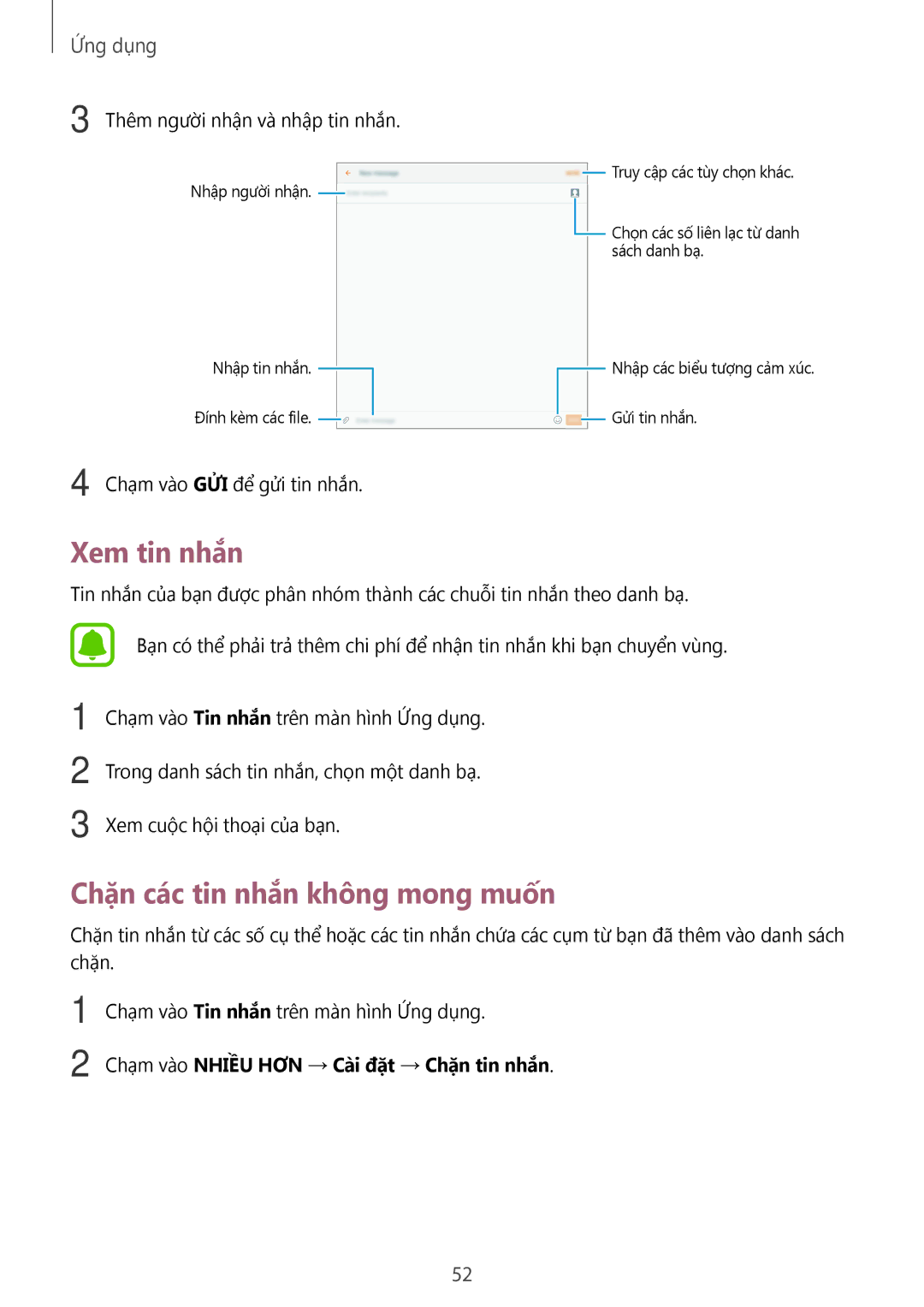 Samsung SM-T585NZKAXXV manual Xem tin nhắn, Chặn các tin nhắn không mong muốn, Chạm vào Tin nhắn trên màn hình Ứng dụng 