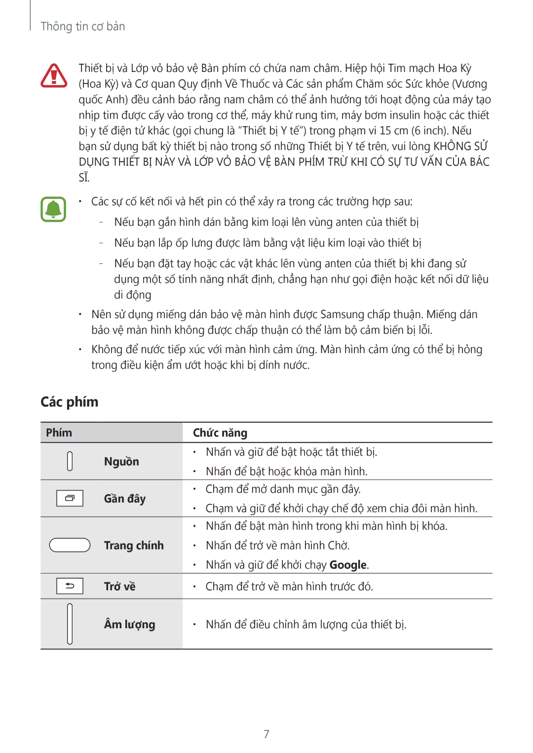 Samsung SM-T585NZKAXXV, SM-T585NZBAXXV, SM-T585NZWAXXV manual Các phím 