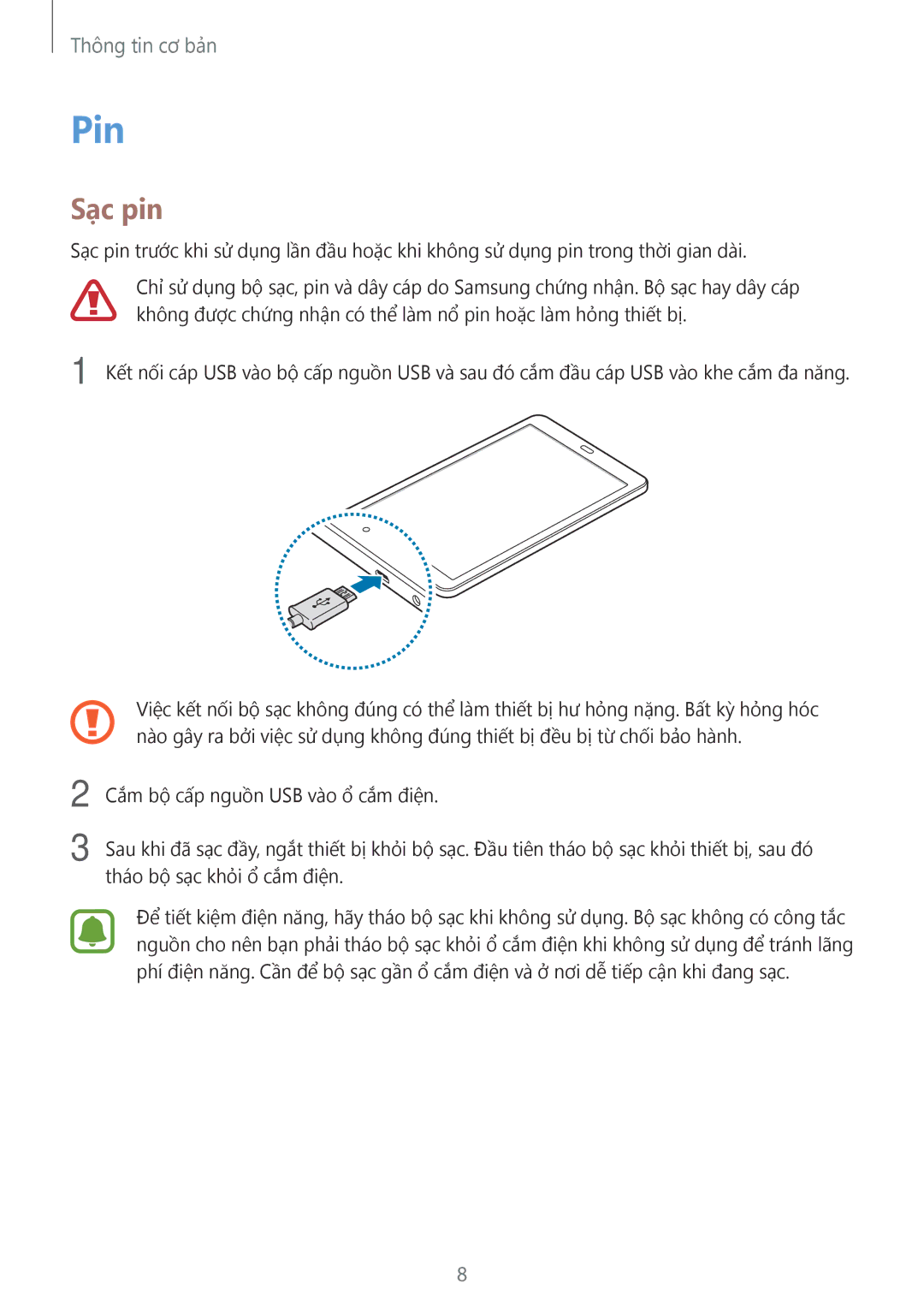 Samsung SM-T585NZWAXXV, SM-T585NZBAXXV, SM-T585NZKAXXV manual Pin, Sạc pin 