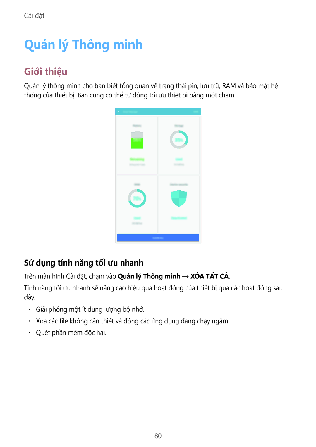 Samsung SM-T585NZWAXXV, SM-T585NZBAXXV, SM-T585NZKAXXV manual Quản lý Thông minh, Sử dụng tính năng tối ưu nhanh 