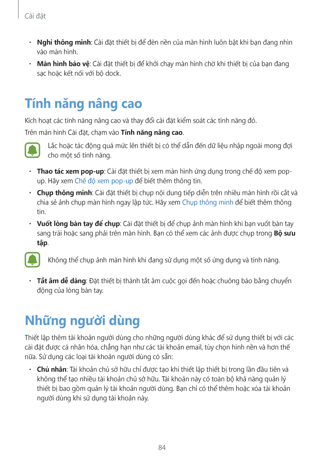 Samsung SM-T585NZBAXXV, SM-T585NZKAXXV, SM-T585NZWAXXV manual Tính năng nâng cao, Những người dùng 