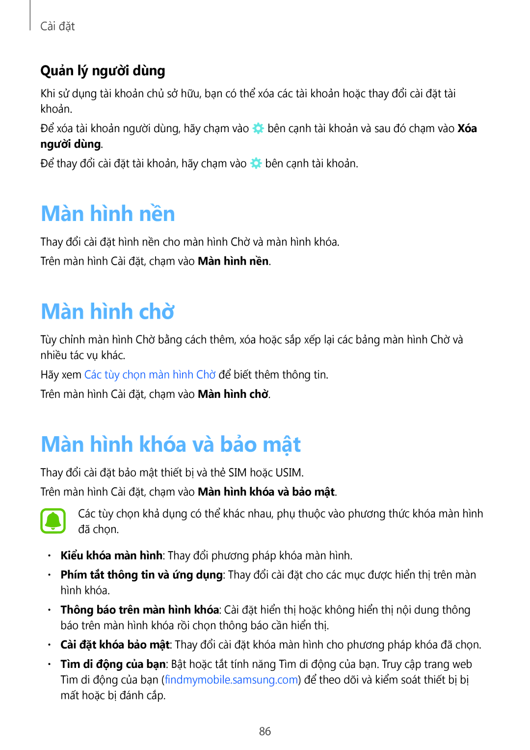 Samsung SM-T585NZWAXXV, SM-T585NZBAXXV, SM-T585NZKAXXV manual Màn hình nền, Màn hình khóa và bảo mật, Quản lý người dùng 