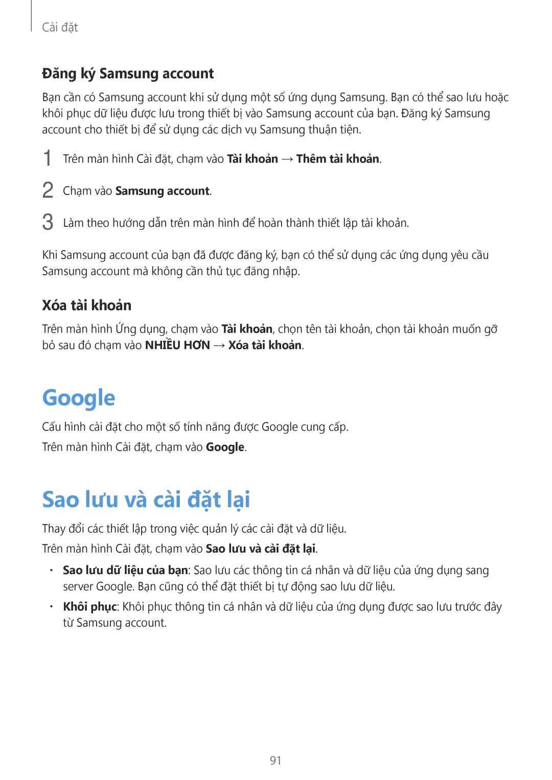 Samsung SM-T585NZKAXXV, SM-T585NZBAXXV manual Google, Sao lưu và cai đặt lại, Đăng ký Samsung account, Xóa tài khoản 