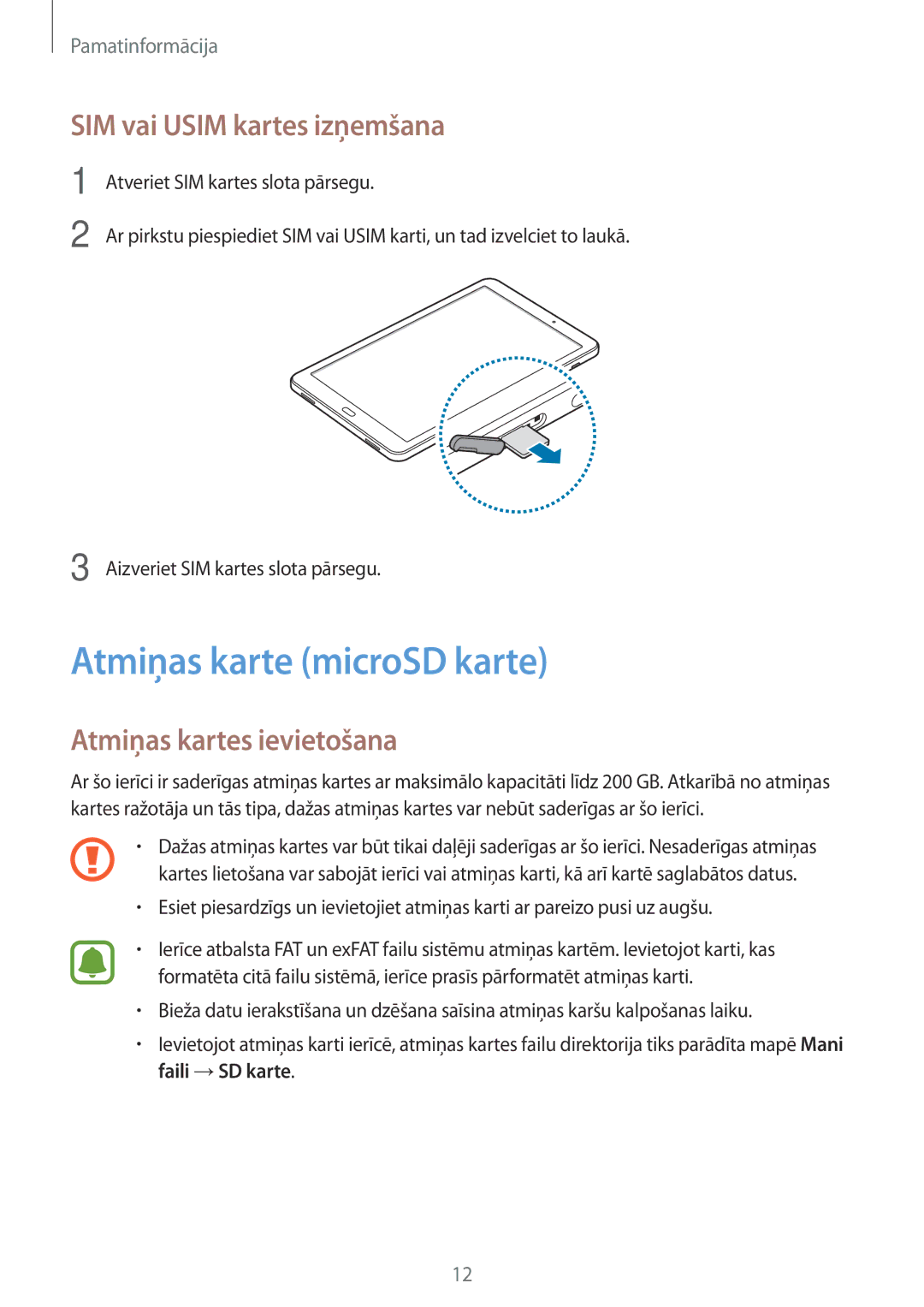 Samsung SM-T585NZKASEB manual Atmiņas karte microSD karte, SIM vai Usim kartes izņemšana, Atmiņas kartes ievietošana 