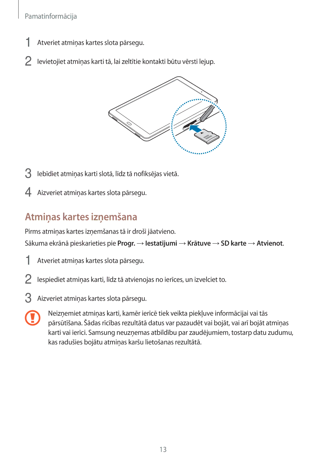 Samsung SM-T585NZWASEB, SM-T585NZKASEB manual Atmiņas kartes izņemšana 