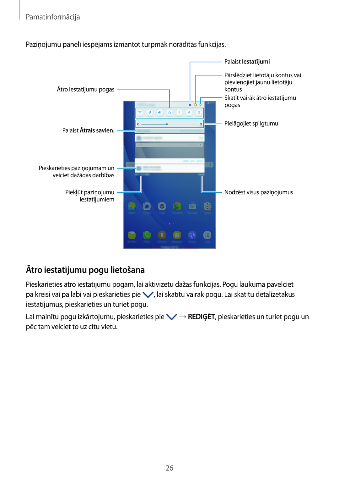 Samsung SM-T585NZKASEB, SM-T585NZWASEB manual Ātro iestatījumu pogu lietošana, Palaist Iestatījumi 