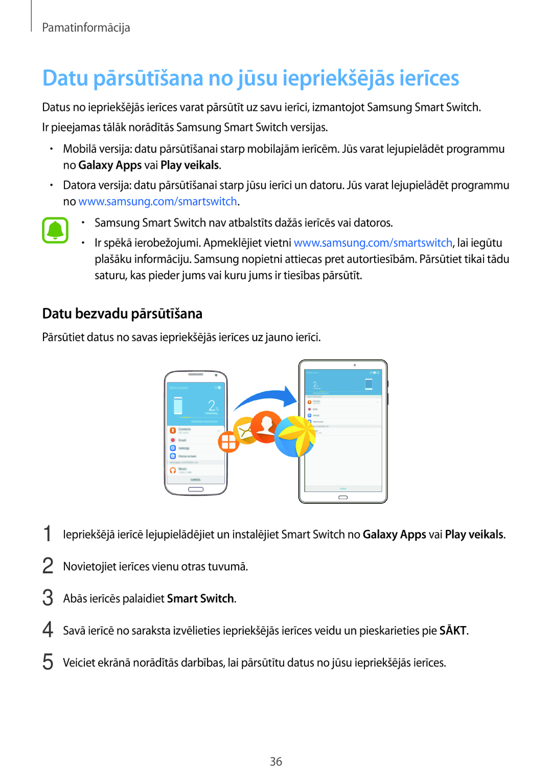 Samsung SM-T585NZKASEB, SM-T585NZWASEB manual Datu pārsūtīšana no jūsu iepriekšējās ierīces, Datu bezvadu pārsūtīšana 