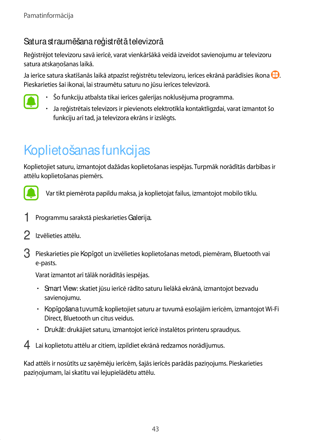 Samsung SM-T585NZWASEB, SM-T585NZKASEB manual Koplietošanas funkcijas, Satura straumēšana reģistrētā televizorā 