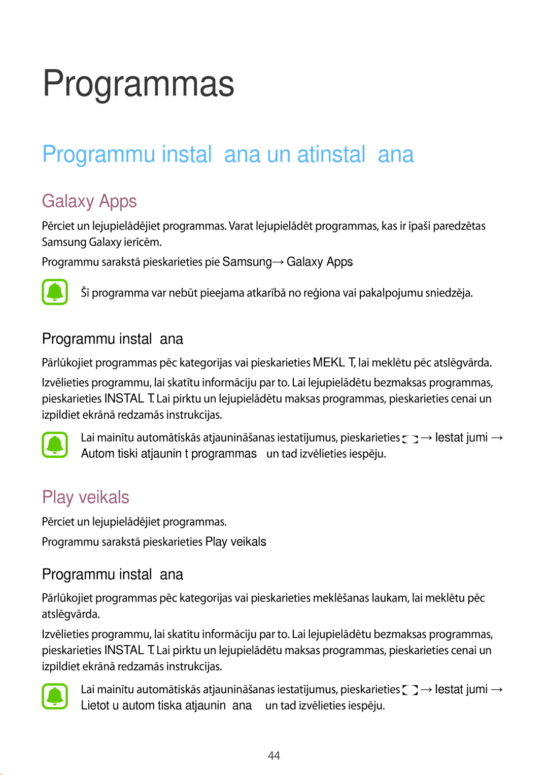 Samsung SM-T585NZKASEB, SM-T585NZWASEB manual Programmu instalēšana un atinstalēšana, Galaxy Apps, Play veikals 