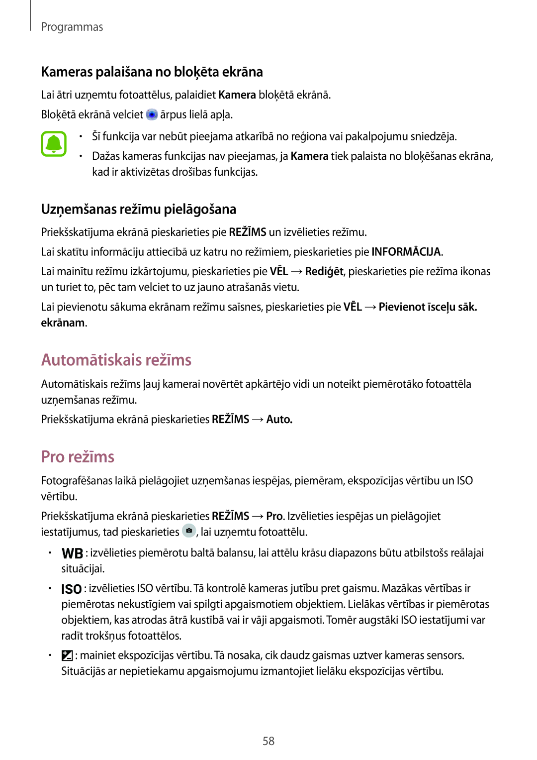 Samsung SM-T585NZKASEB, SM-T585NZWASEB manual Automātiskais režīms, Pro režīms, Kameras palaišana no bloķēta ekrāna 