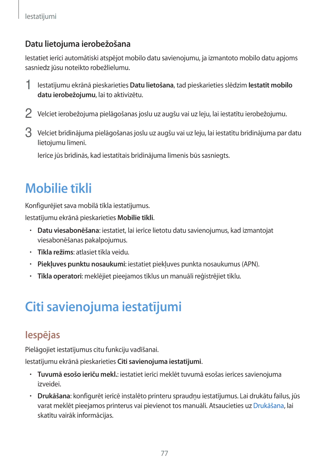 Samsung SM-T585NZWASEB, SM-T585NZKASEB Mobilie tīkli, Citi savienojuma iestatījumi, Iespējas, Datu lietojuma ierobežošana 