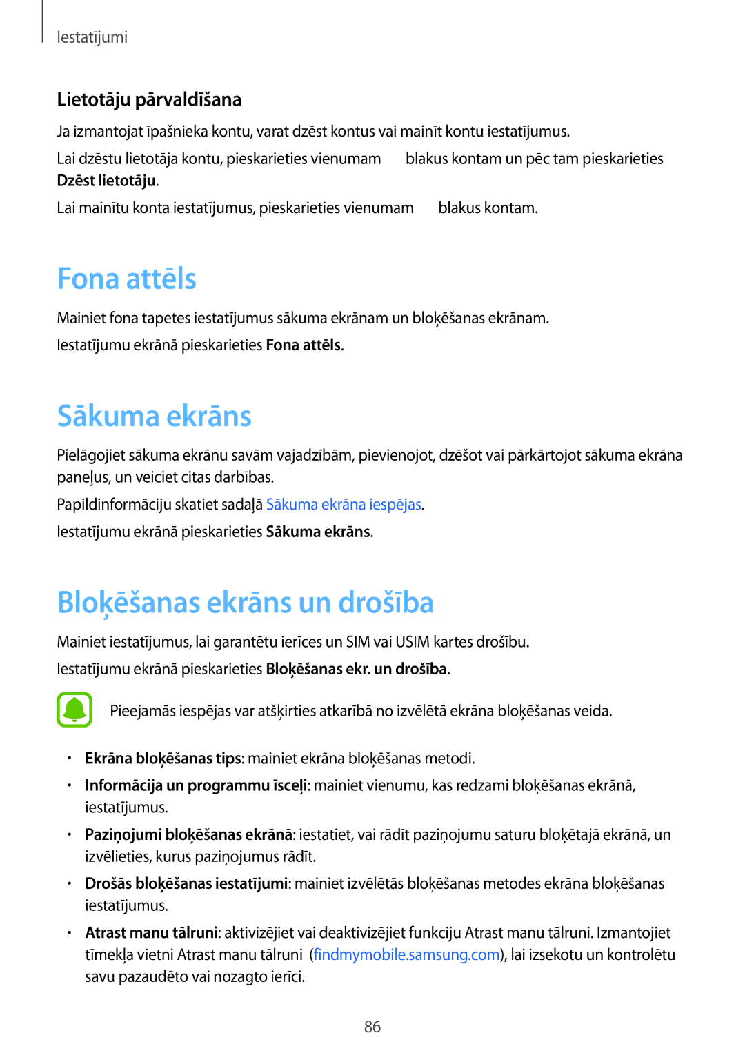 Samsung SM-T585NZKASEB, SM-T585NZWASEB manual Fona attēls, Bloķēšanas ekrāns un drošība, Lietotāju pārvaldīšana 