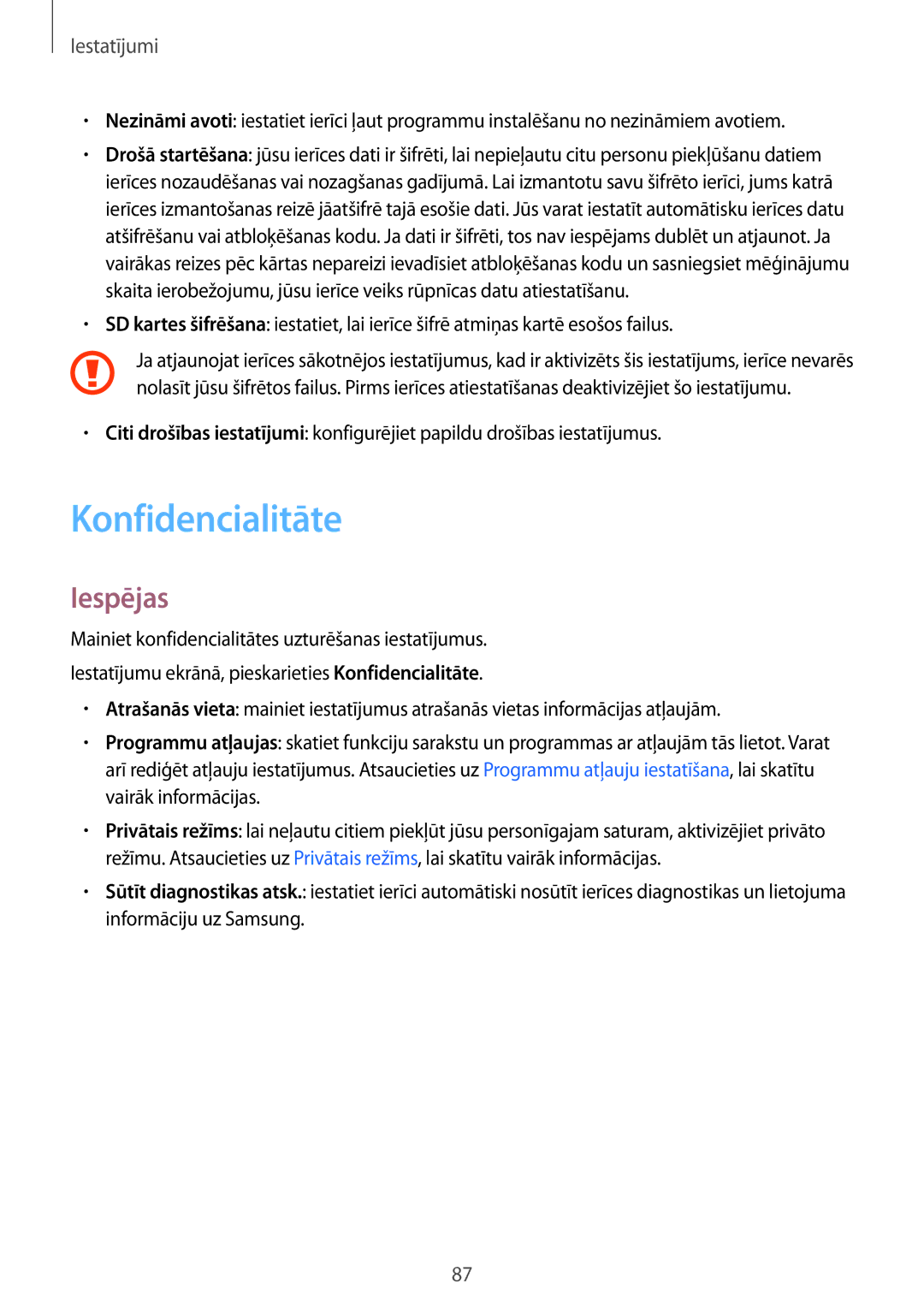 Samsung SM-T585NZWASEB, SM-T585NZKASEB manual Konfidencialitāte, Iespējas 