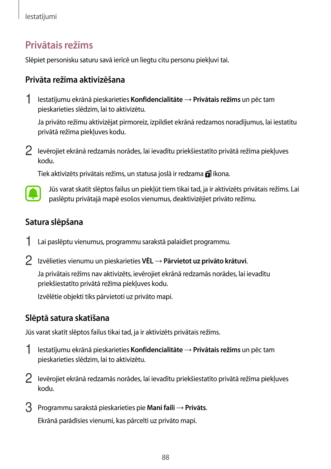 Samsung SM-T585NZKASEB manual Privātais režīms, Privāta režīma aktivizēšana, Satura slēpšana, Slēptā satura skatīšana 