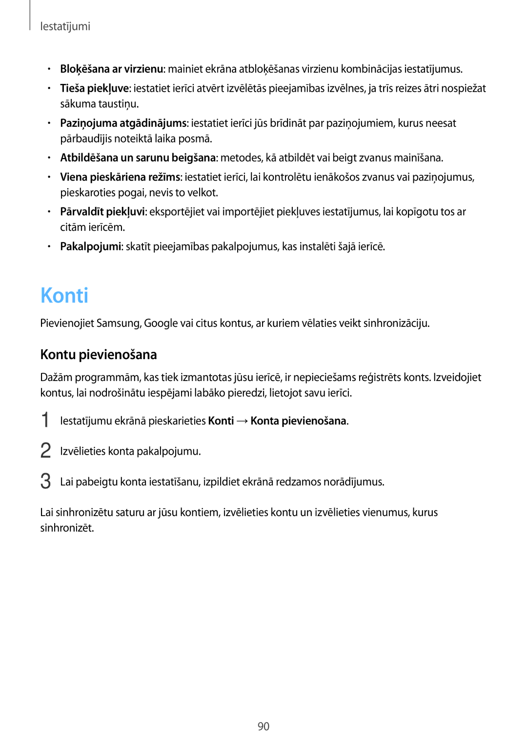 Samsung SM-T585NZKASEB, SM-T585NZWASEB manual Konti, Kontu pievienošana 