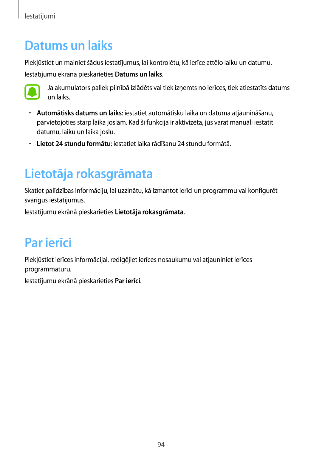 Samsung SM-T585NZKASEB, SM-T585NZWASEB manual Datums un laiks, Lietotāja rokasgrāmata, Par ierīci 