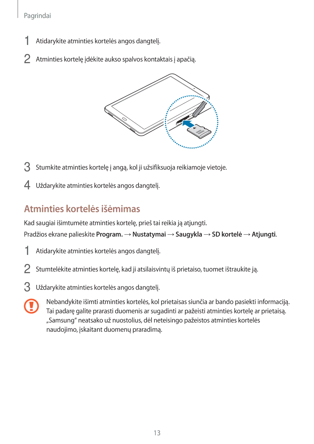 Samsung SM-T585NZWASEB, SM-T585NZKASEB manual Atminties kortelės išėmimas 