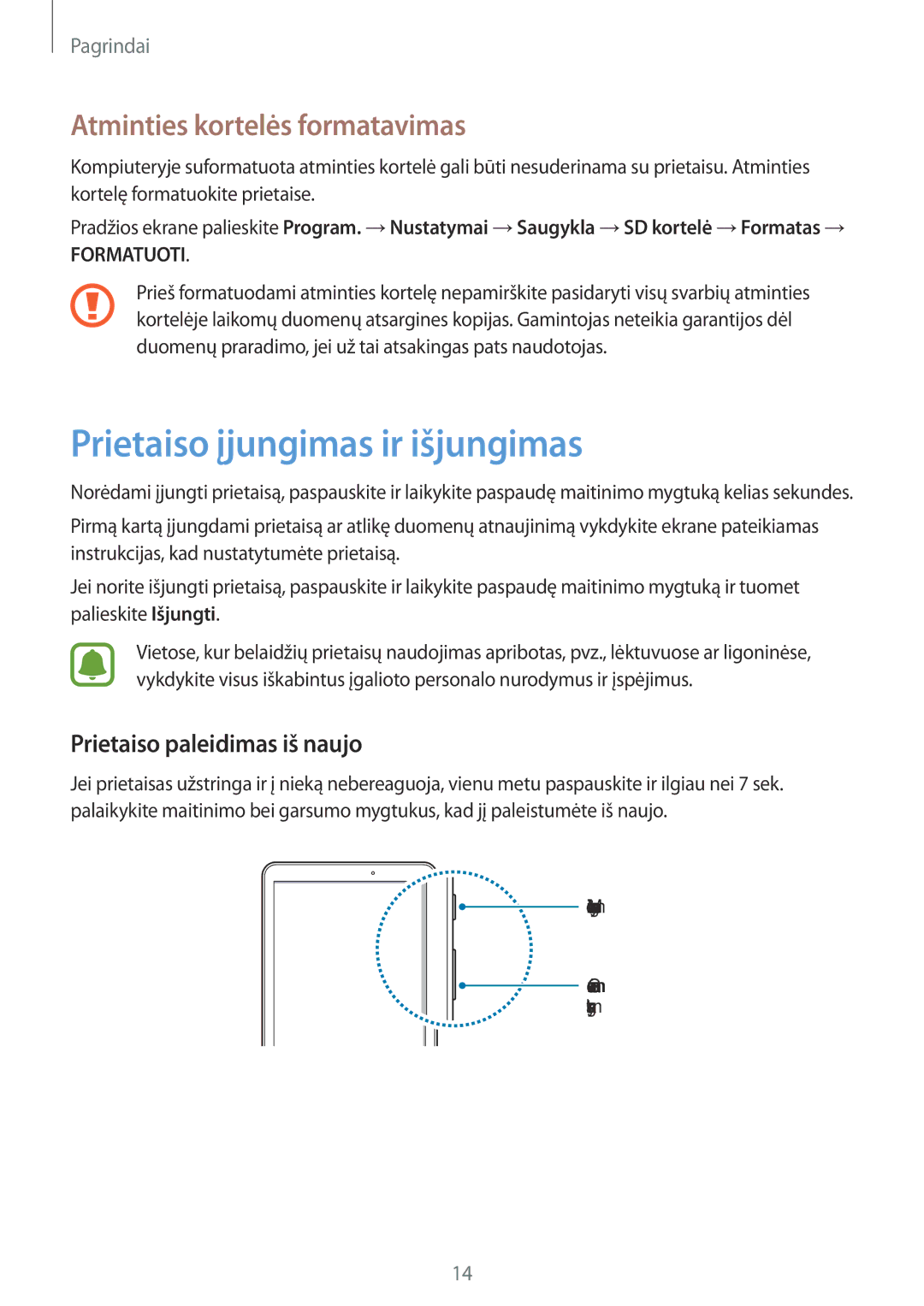 Samsung SM-T585NZKASEB Prietaiso įjungimas ir išjungimas, Atminties kortelės formatavimas, Prietaiso paleidimas iš naujo 