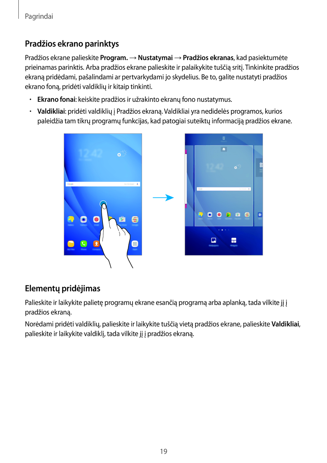 Samsung SM-T585NZWASEB, SM-T585NZKASEB manual Pradžios ekrano parinktys, Elementų pridėjimas 