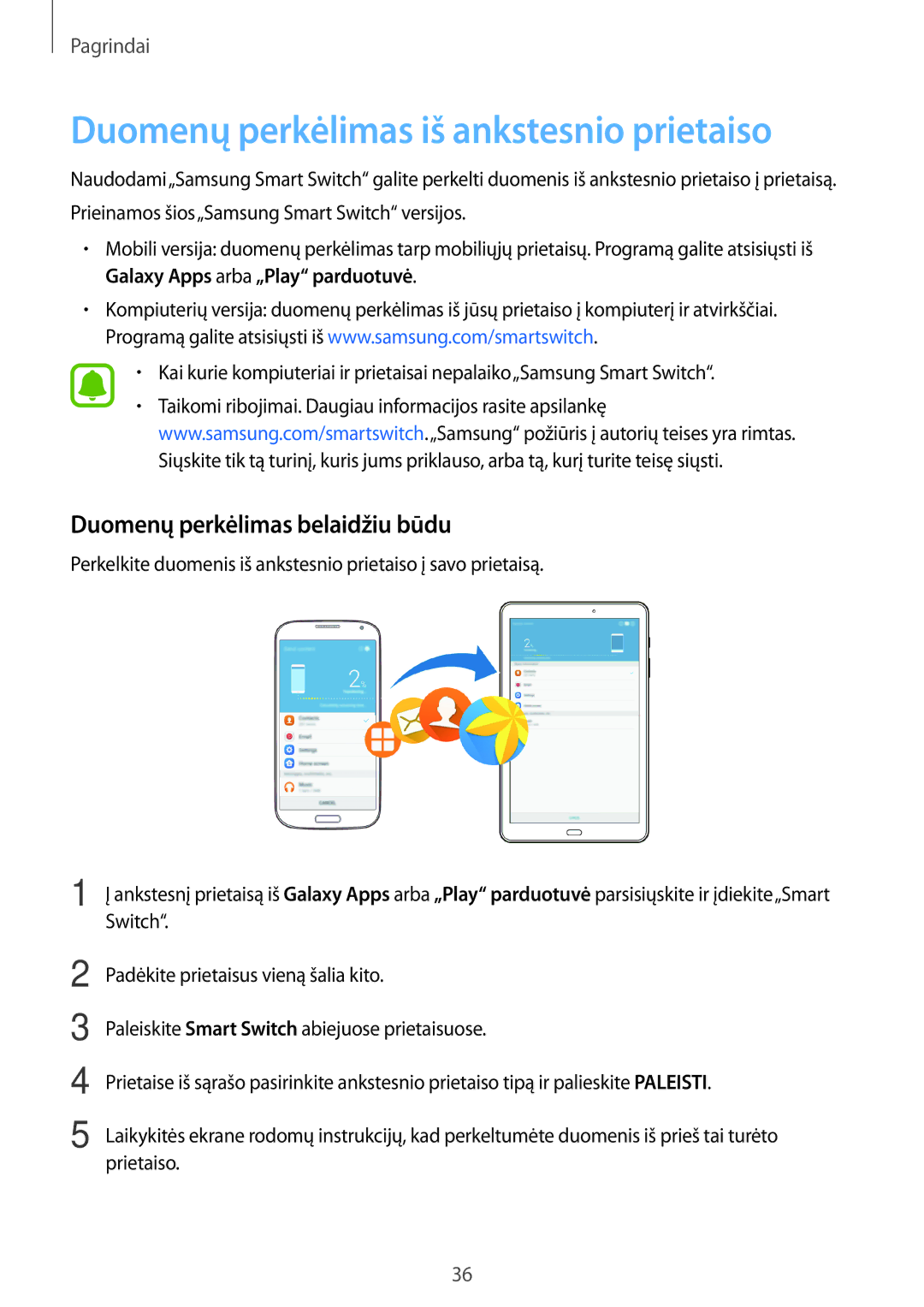 Samsung SM-T585NZKASEB, SM-T585NZWASEB manual Duomenų perkėlimas iš ankstesnio prietaiso, Duomenų perkėlimas belaidžiu būdu 