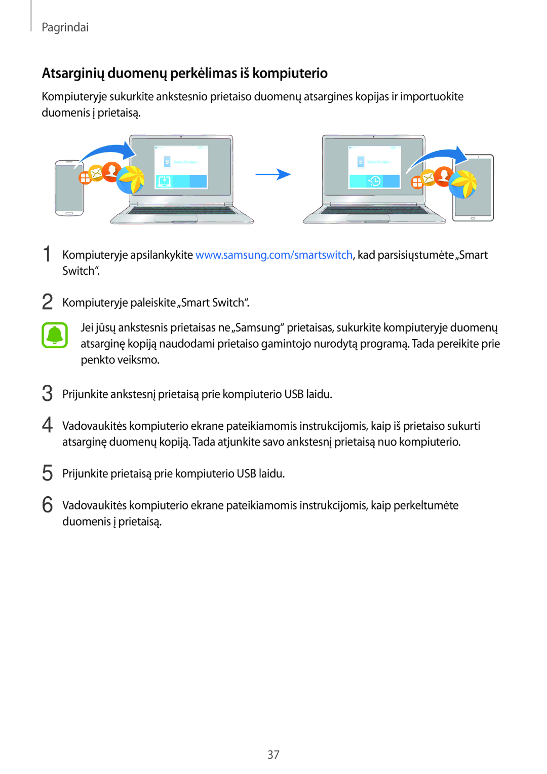 Samsung SM-T585NZWASEB, SM-T585NZKASEB manual Atsarginių duomenų perkėlimas iš kompiuterio 