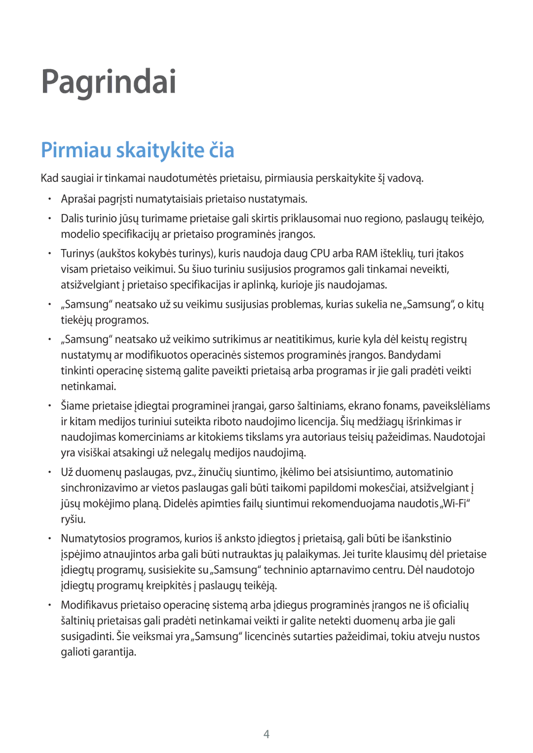 Samsung SM-T585NZKASEB, SM-T585NZWASEB manual Pagrindai, Pirmiau skaitykite čia 