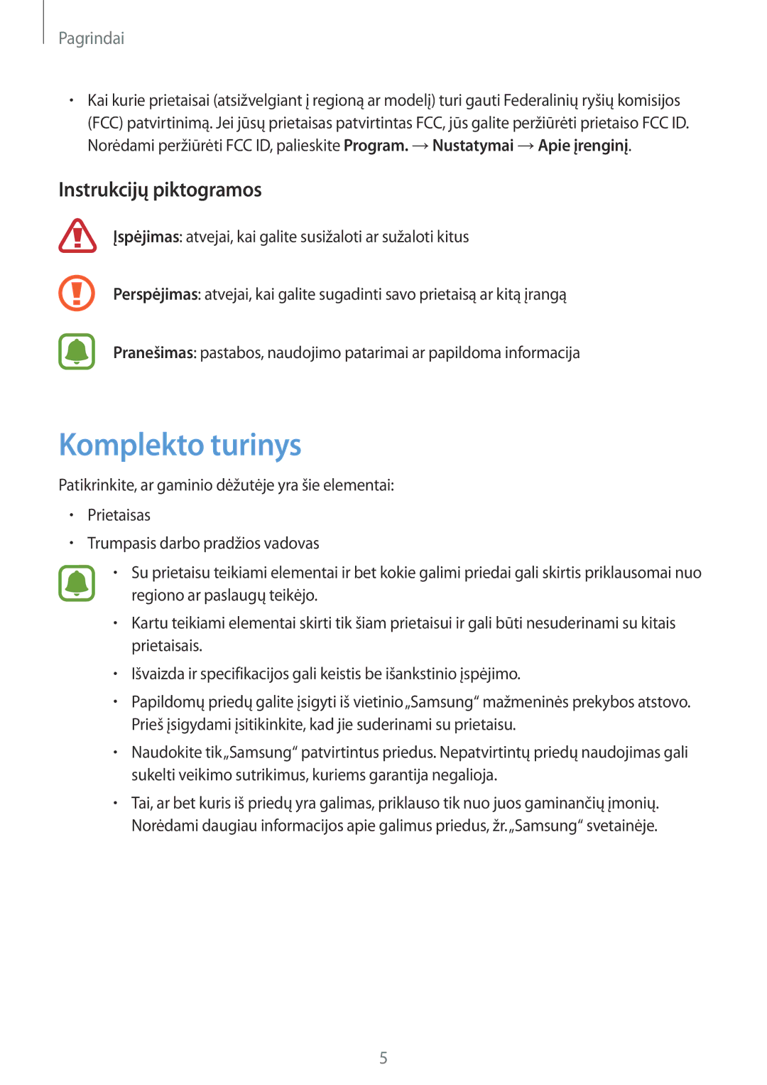 Samsung SM-T585NZWASEB, SM-T585NZKASEB manual Komplekto turinys, Instrukcijų piktogramos 