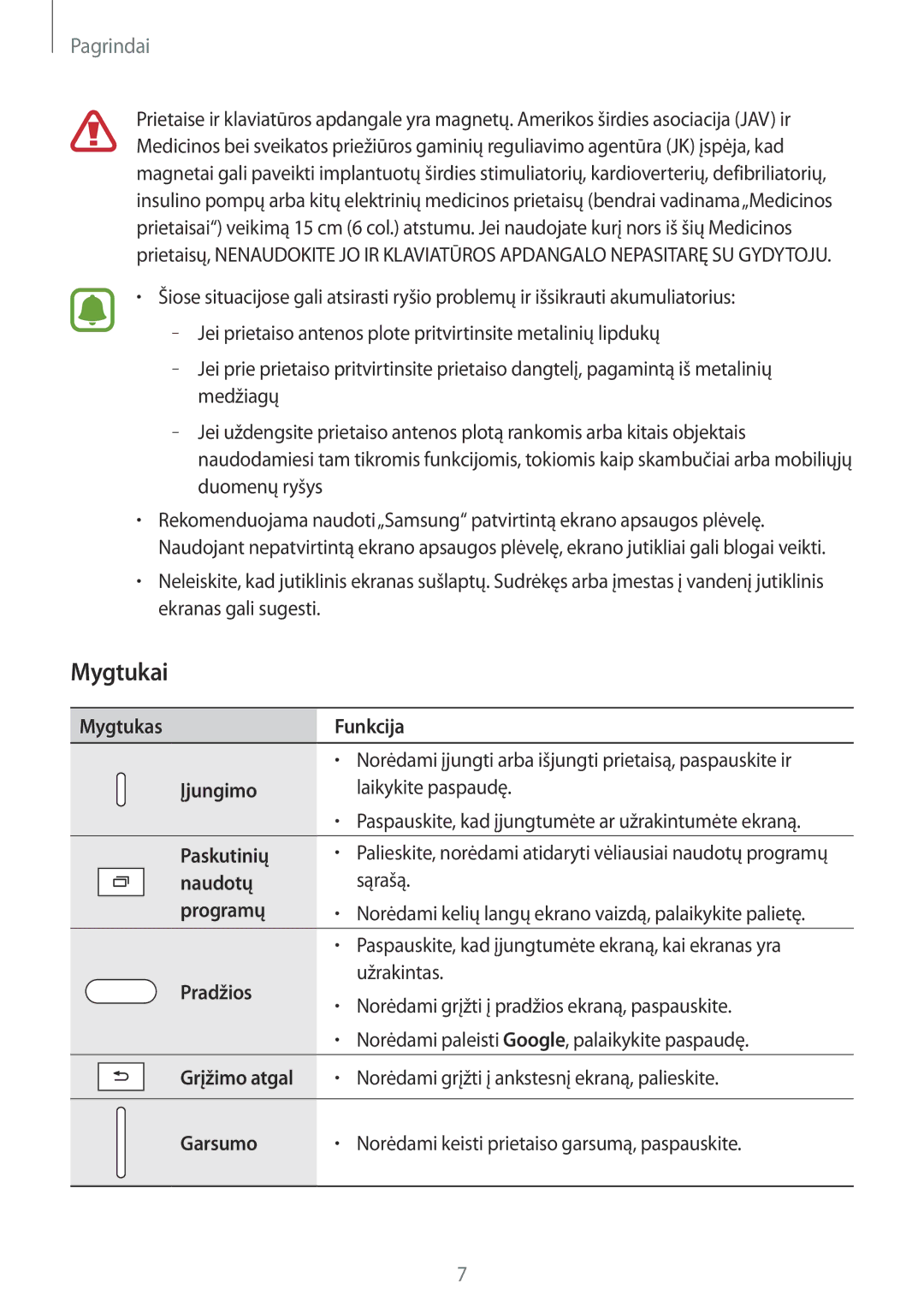 Samsung SM-T585NZWASEB, SM-T585NZKASEB manual Mygtukai 