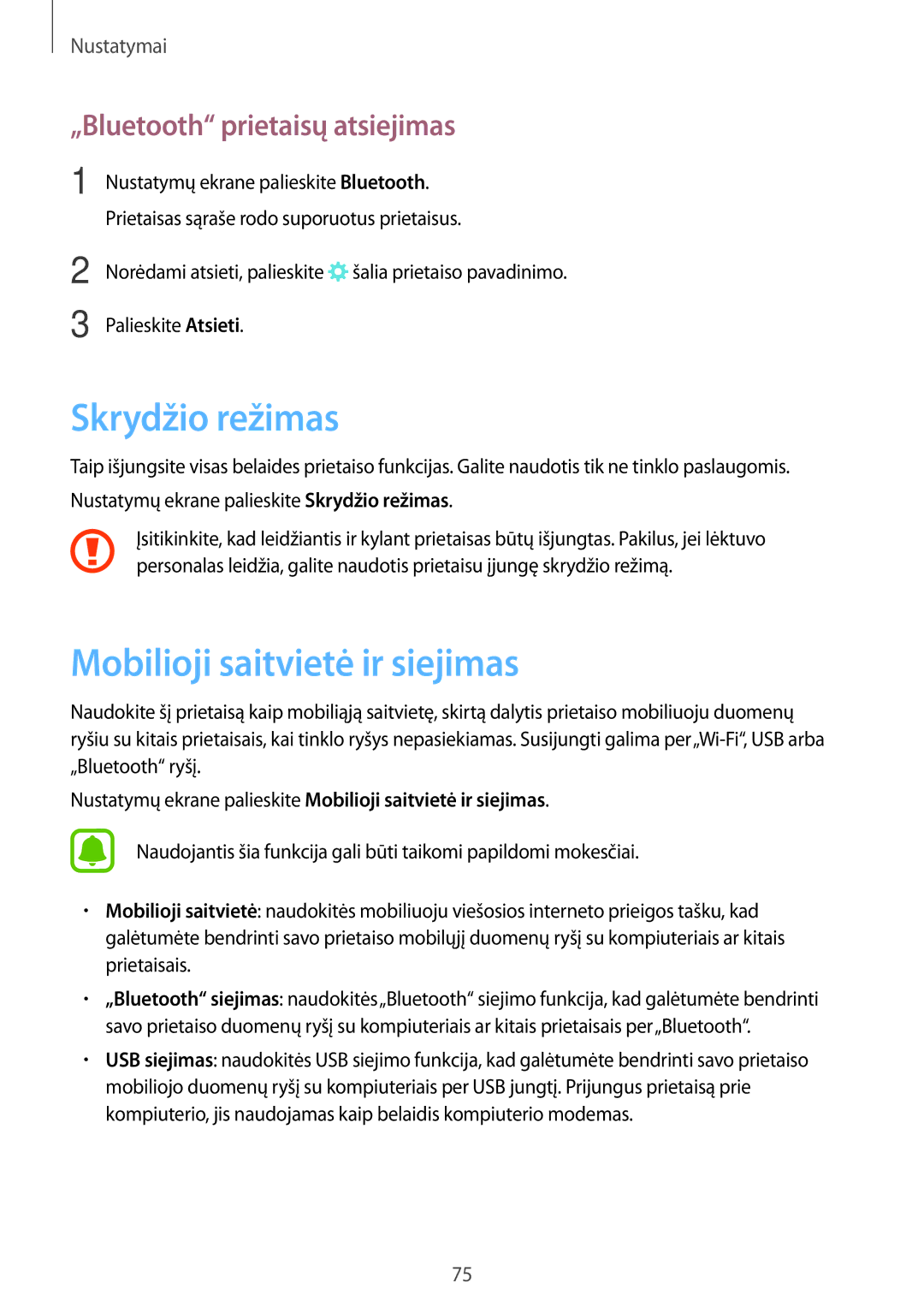 Samsung SM-T585NZWASEB, SM-T585NZKASEB Skrydžio režimas, Mobilioji saitvietė ir siejimas, „Bluetooth prietaisų atsiejimas 