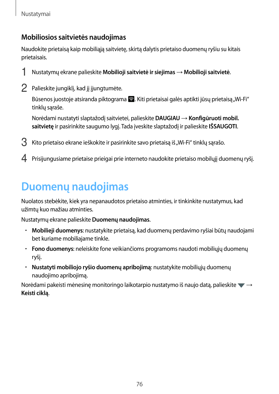 Samsung SM-T585NZKASEB, SM-T585NZWASEB manual Duomenų naudojimas, Mobiliosios saitvietės naudojimas 