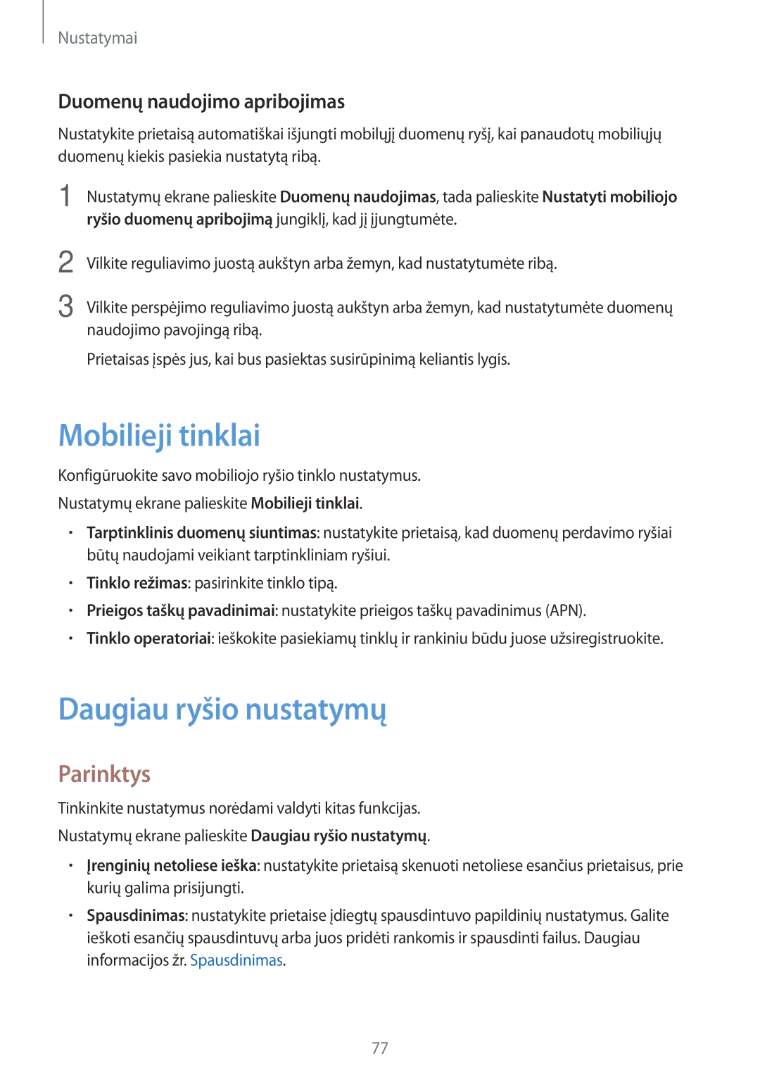 Samsung SM-T585NZWASEB manual Mobilieji tinklai, Daugiau ryšio nustatymų, Parinktys, Duomenų naudojimo apribojimas 