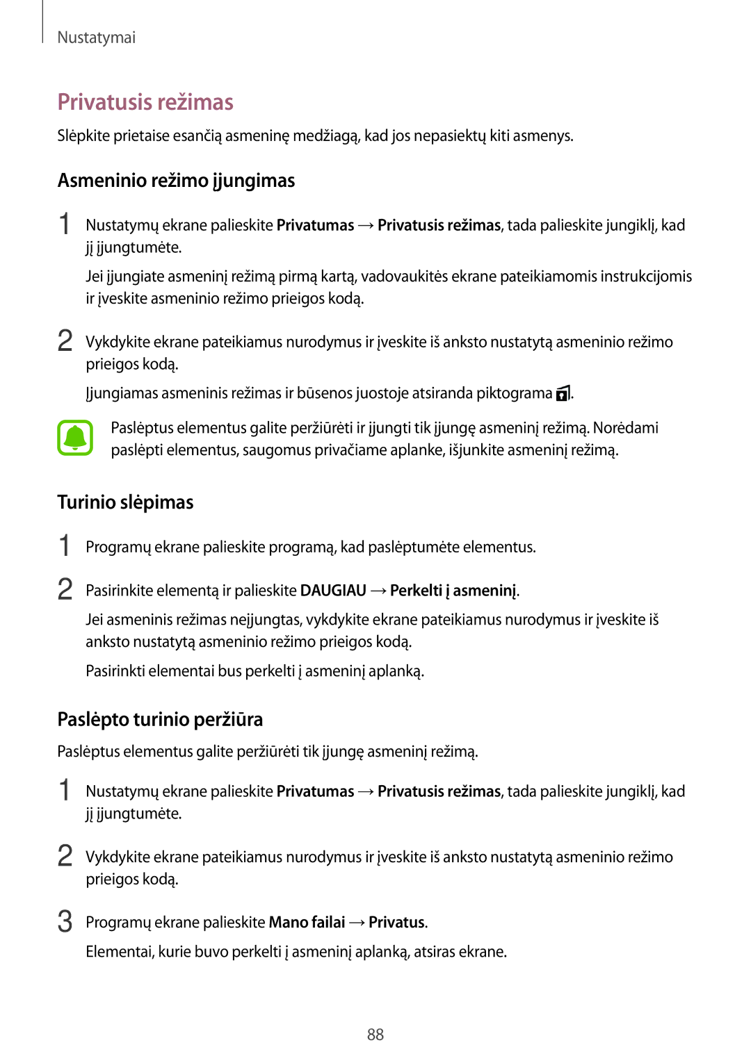 Samsung SM-T585NZKASEB manual Privatusis režimas, Asmeninio režimo įjungimas, Turinio slėpimas, Paslėpto turinio peržiūra 