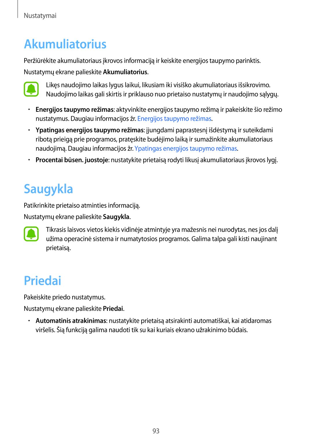 Samsung SM-T585NZWASEB, SM-T585NZKASEB manual Saugykla, Priedai 