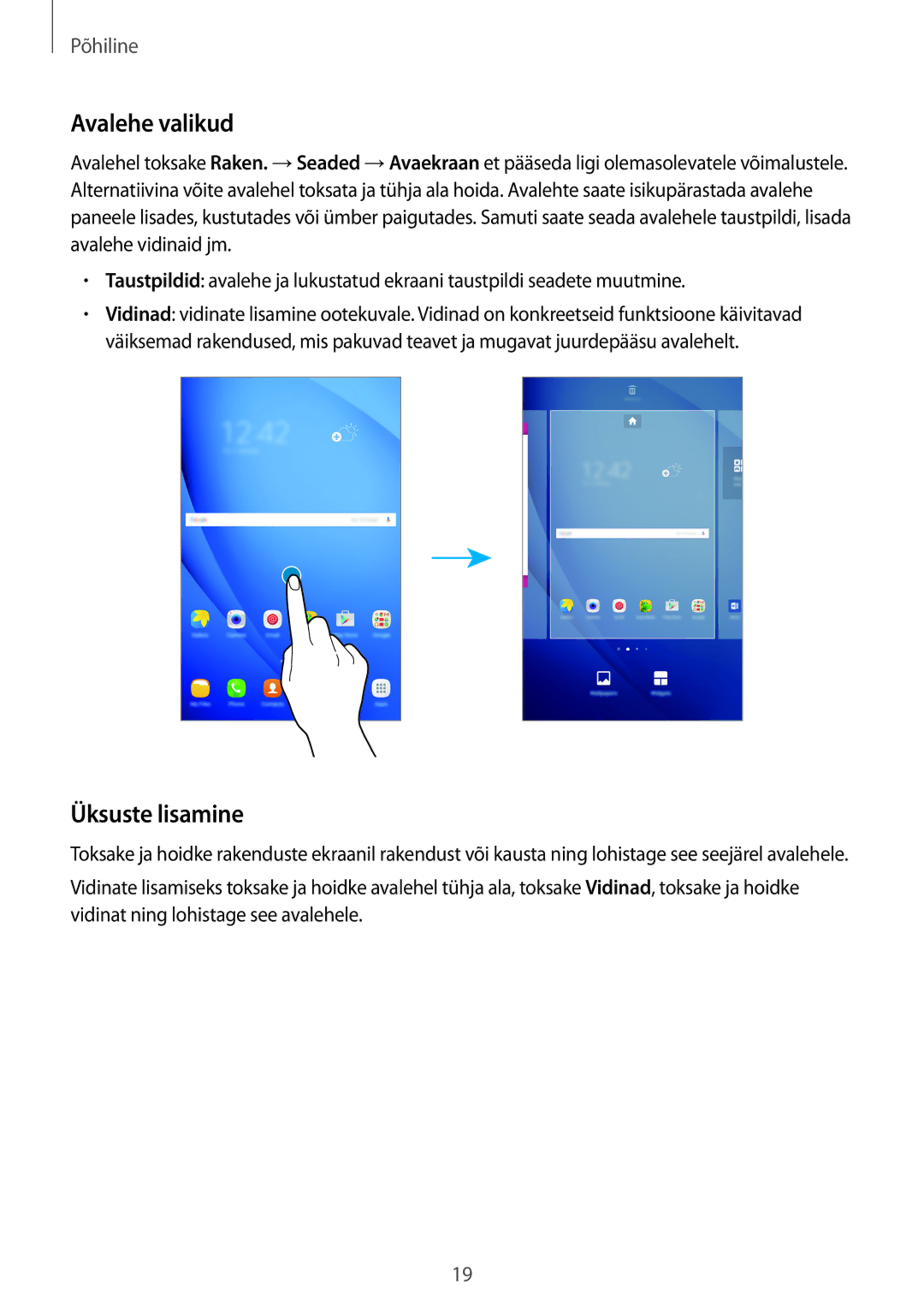 Samsung SM-T585NZWASEB, SM-T585NZKASEB manual Avalehe valikud, Üksuste lisamine 