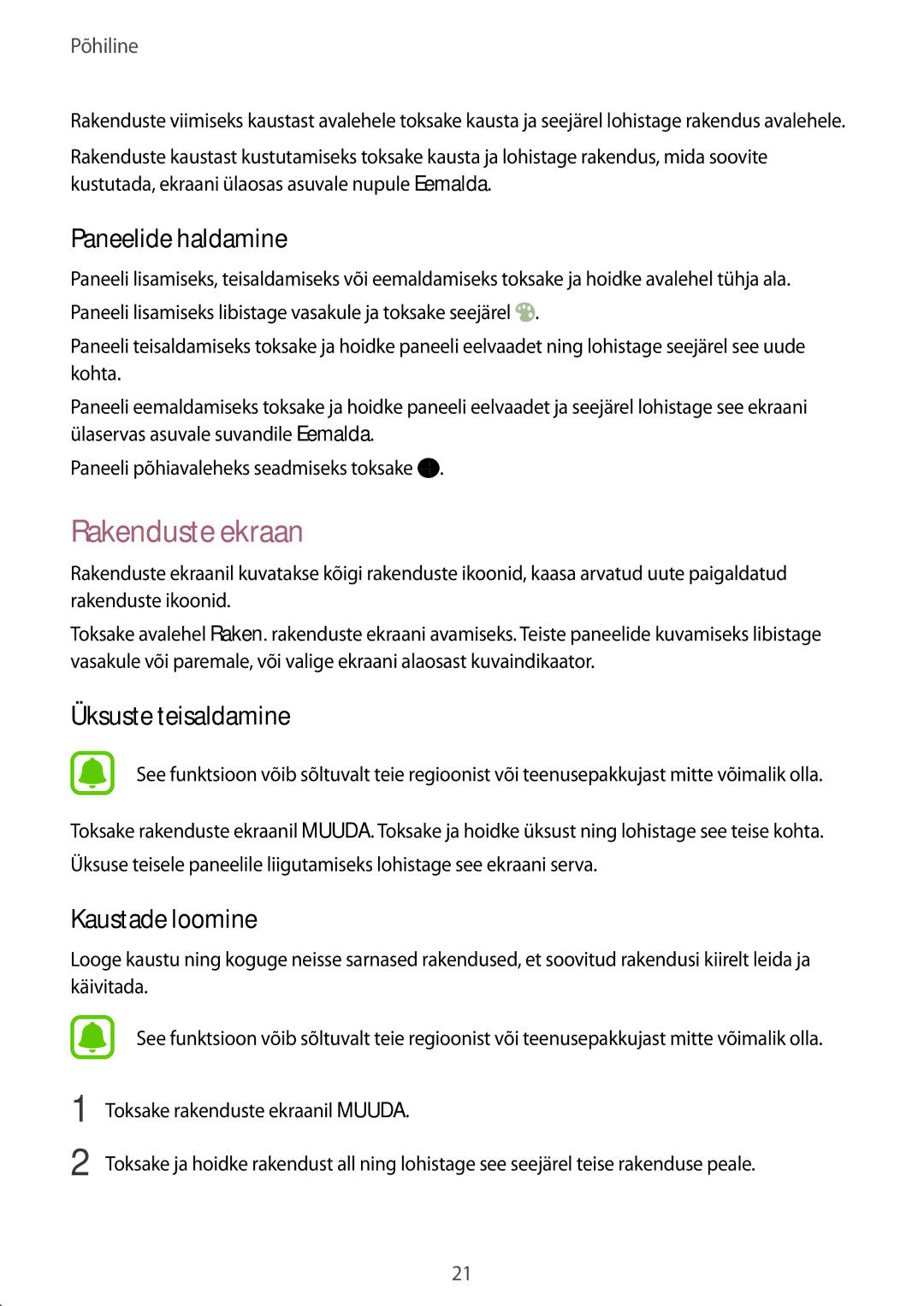 Samsung SM-T585NZWASEB, SM-T585NZKASEB manual Rakenduste ekraan, Paneelide haldamine 