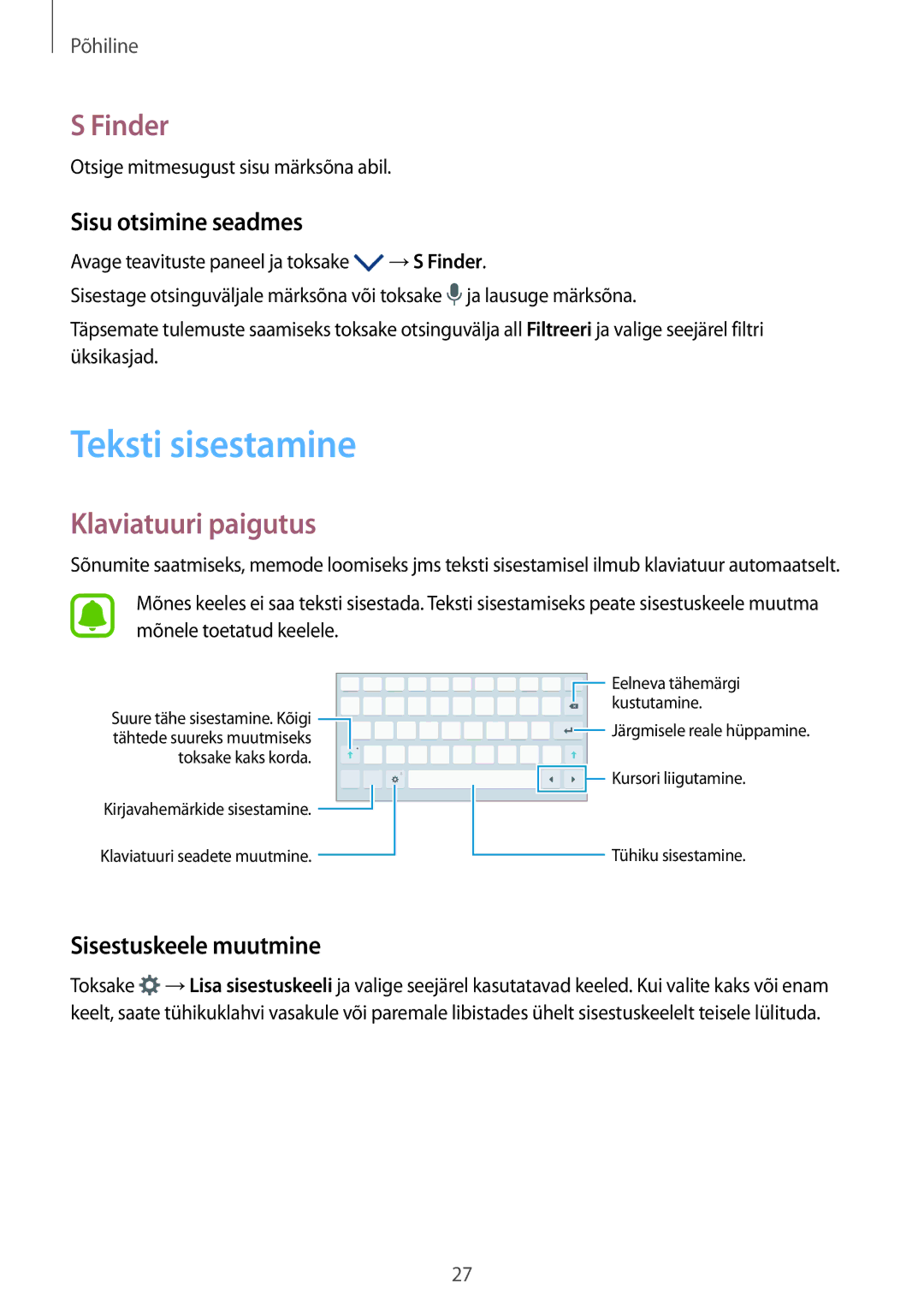 Samsung SM-T585NZWASEB Teksti sisestamine, Finder, Klaviatuuri paigutus, Sisu otsimine seadmes, Sisestuskeele muutmine 