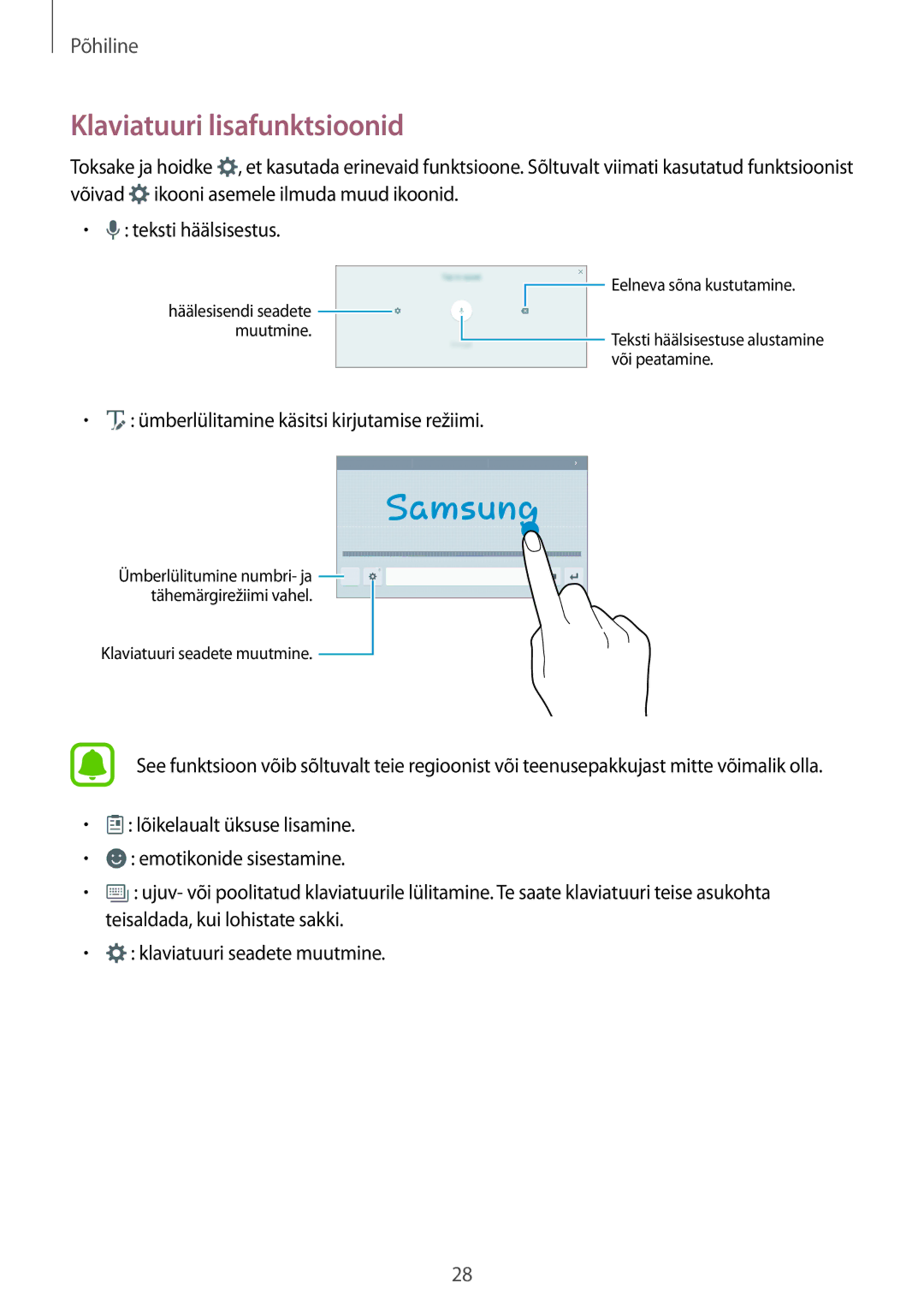 Samsung SM-T585NZKASEB, SM-T585NZWASEB manual Klaviatuuri lisafunktsioonid 