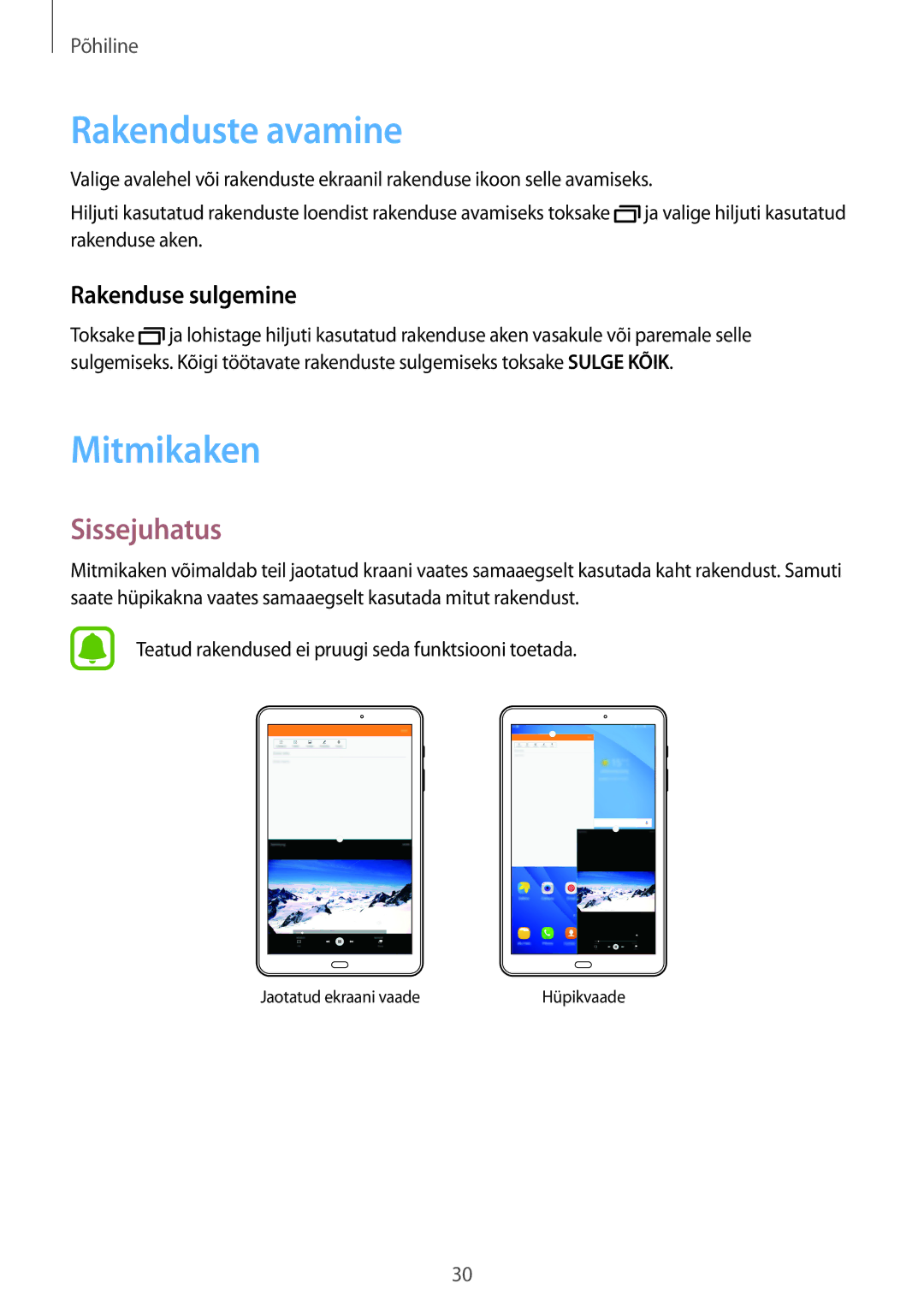 Samsung SM-T585NZKASEB, SM-T585NZWASEB manual Rakenduste avamine, Mitmikaken, Sissejuhatus, Rakenduse sulgemine 