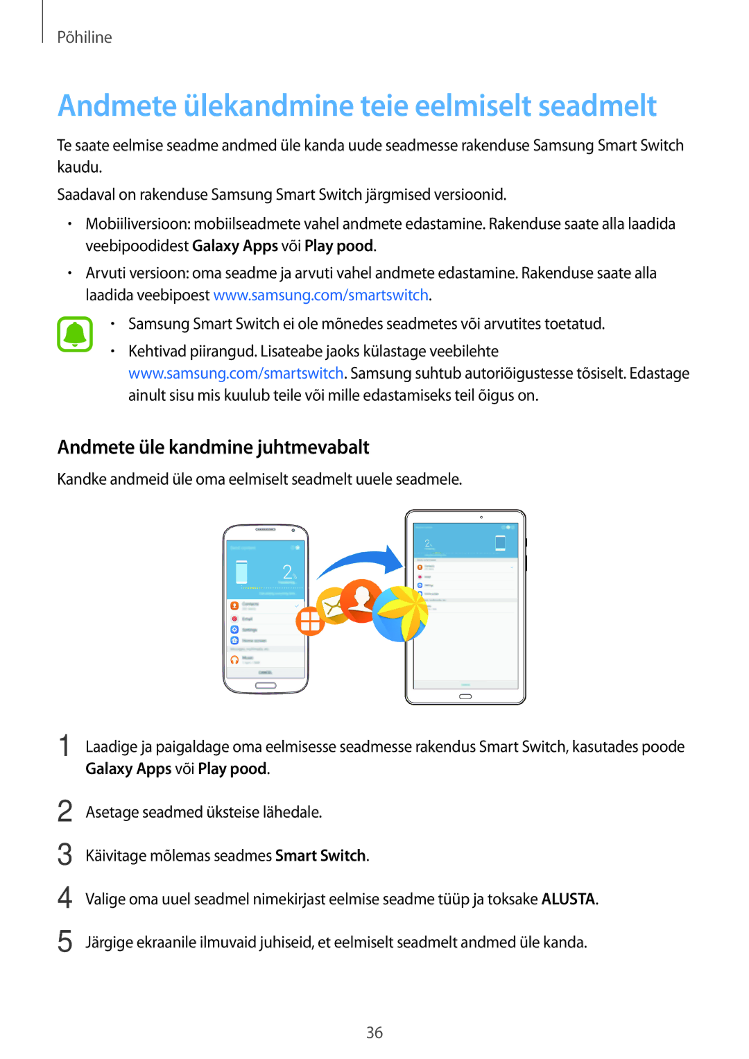 Samsung SM-T585NZKASEB, SM-T585NZWASEB manual Andmete ülekandmine teie eelmiselt seadmelt, Andmete üle kandmine juhtmevabalt 