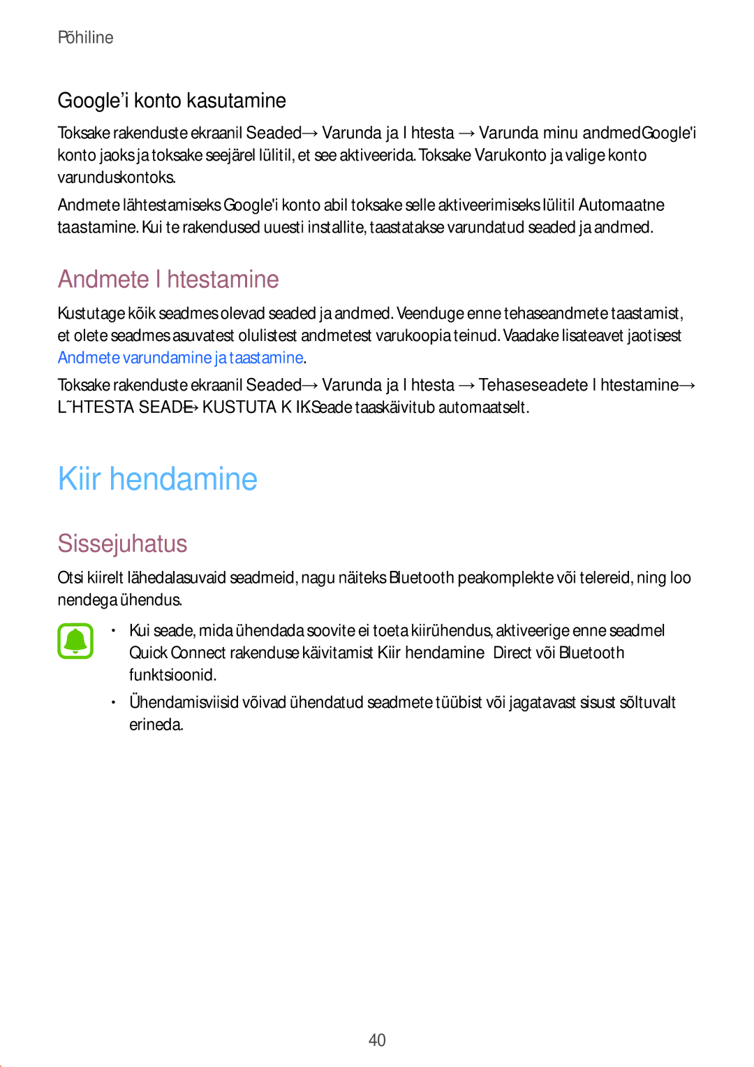 Samsung SM-T585NZKASEB, SM-T585NZWASEB manual Kiirühendamine, Andmete lähtestamine, Googlei konto kasutamine 